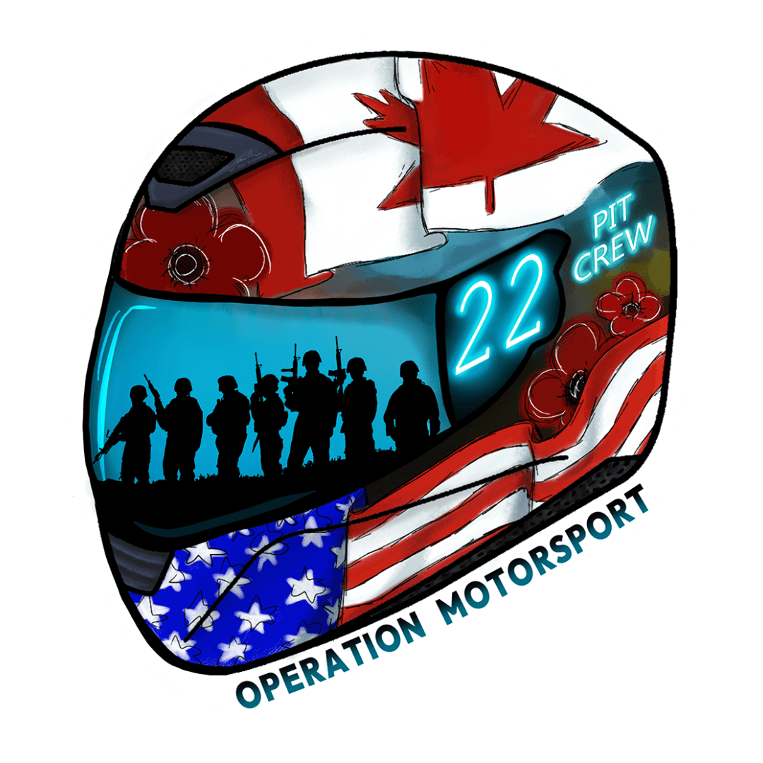 Operation Motorsport helmet with US and Canadian flags.