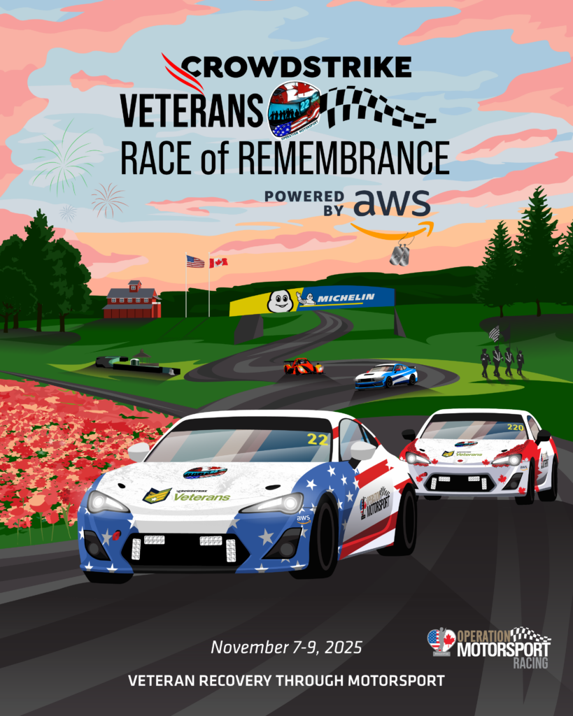 Race cars on track with event details.